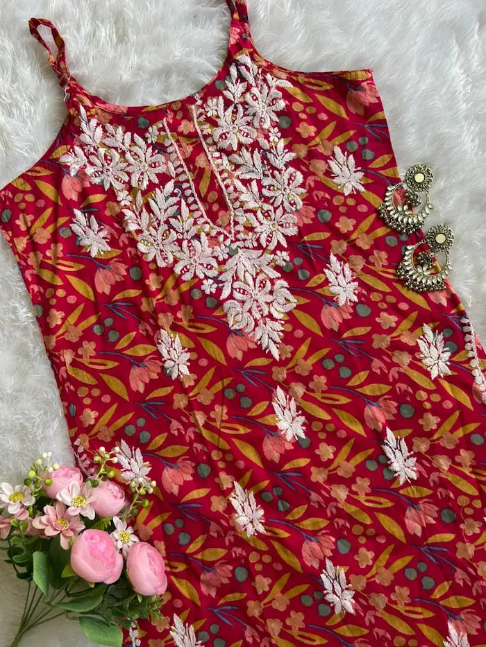 Saaz Deep Pink Strap Mul Mul Kurta