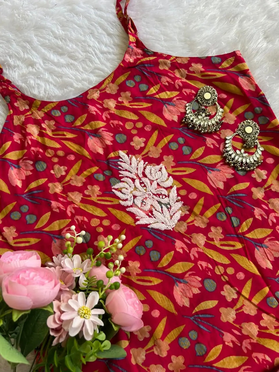 Saaz Deep Pink Strap Mul Mul Kurta