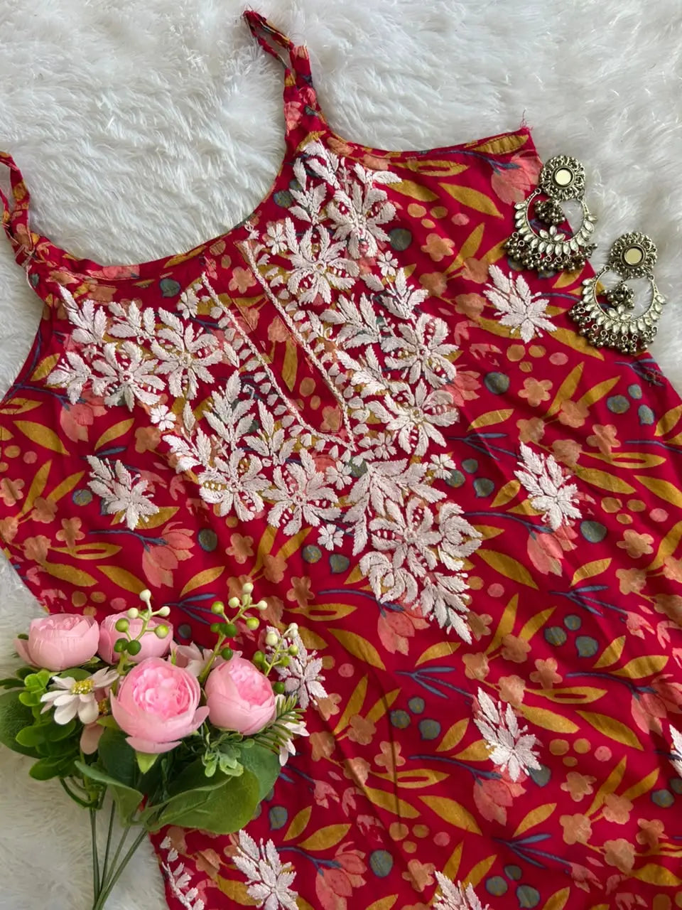 Saaz Deep Pink Strap Mul Mul Kurta