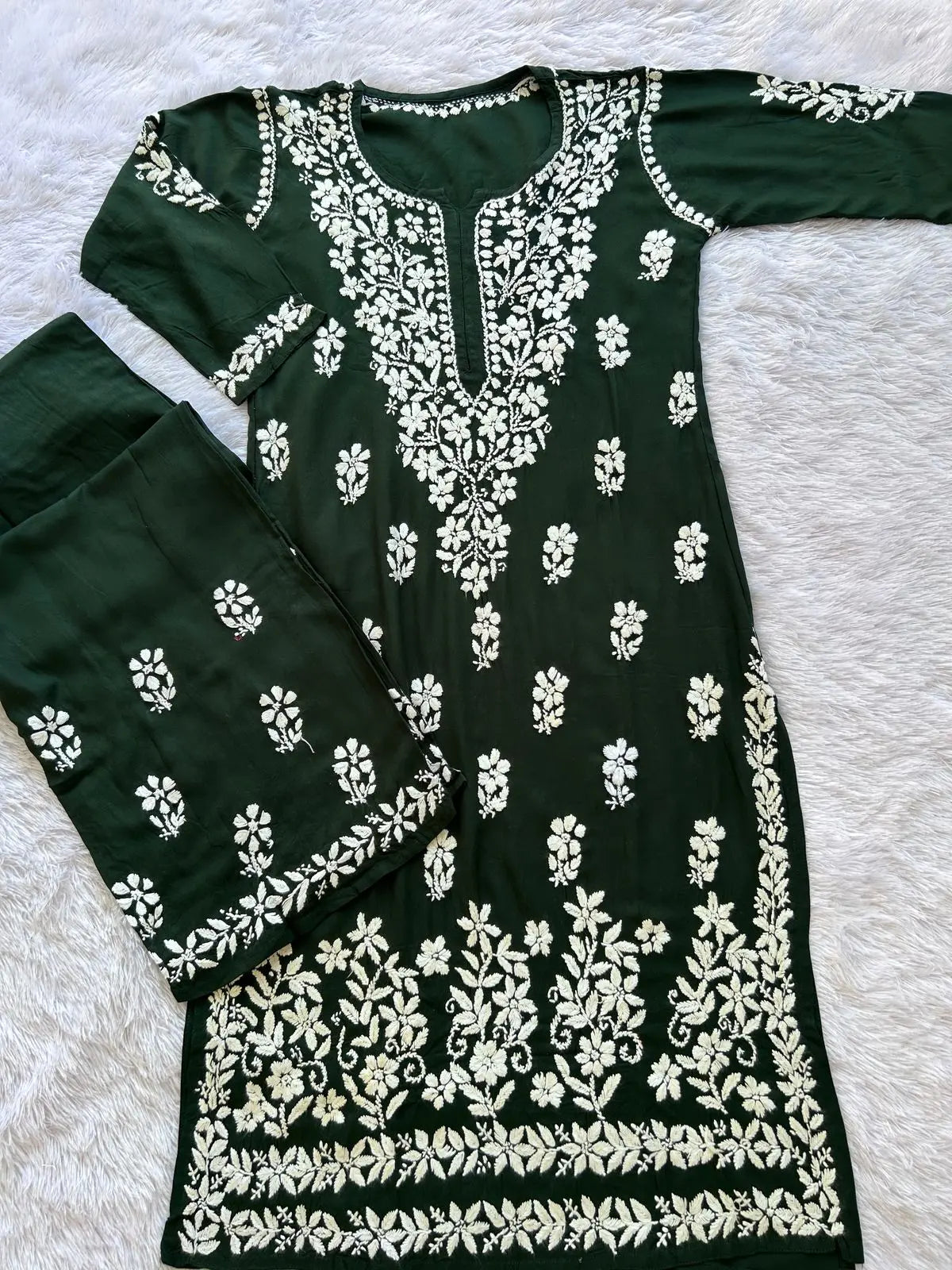 chikankari kurta plazo rayon set for festive wear bottle green