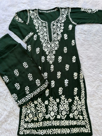 chikankari kurta plazo rayon set for festive wear bottle green