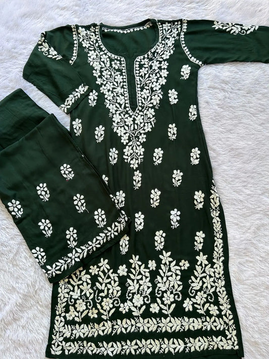 chikankari kurta plazo rayon set for festive wear bottle green