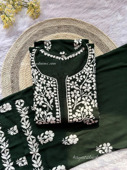  chikankari kurta plazo rayon set for festive wear bottle green