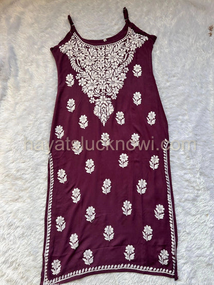 noodle dtrp bollywood style chikankari long kurti in wine colour