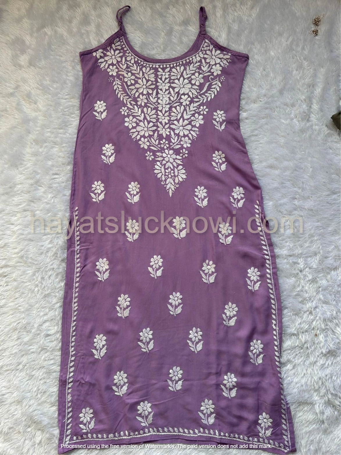 lavender noodle strap chikankari long kurti bollywood style indian style can be pair with jeans