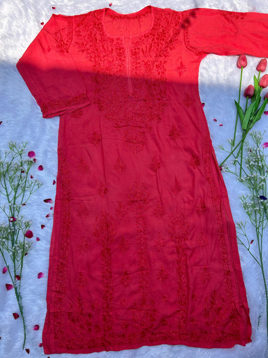 Crimson Red Chikankari Modal Long Kurta