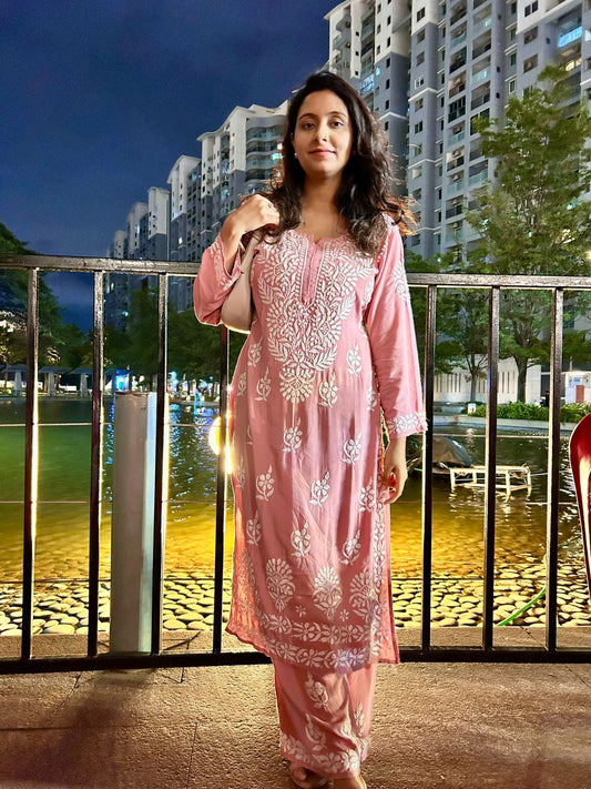 Khushi Nude Pink Chikankari Rayon Set
