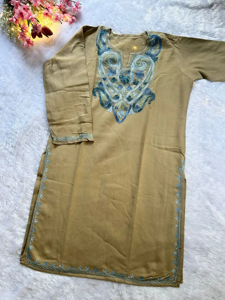 Beige Kashmiri Woolen Long Kurta