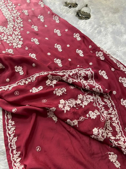 मौवे मलमल सिल्क चिकनकारी कुर्ता