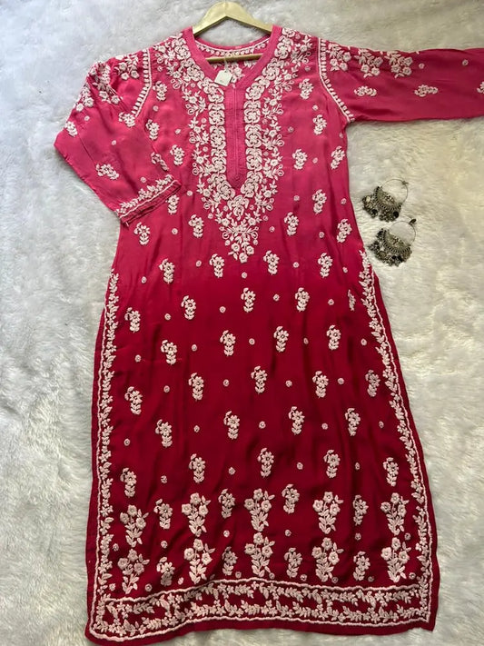 Pink Muslin Silk Chikankari Kurta