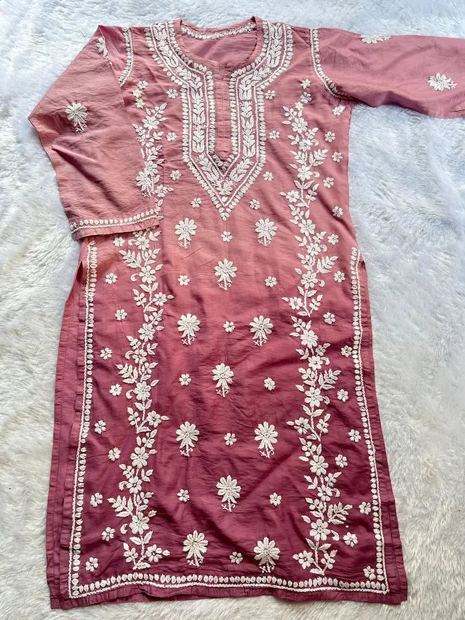 पीली चंदेरी चिकनकारी कुर्ती