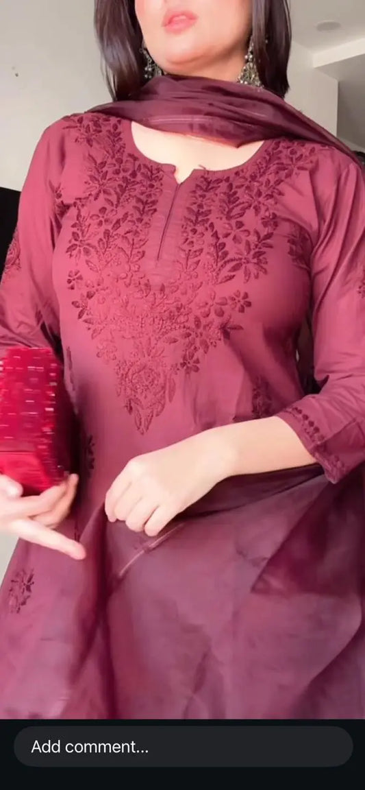 भूरा चिकनकारी फ़र्शी शलवार सूट