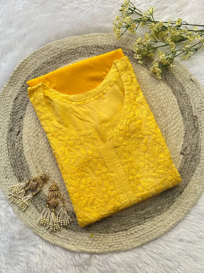 Amara Yellow Ombre Chikankari Modal Kurta