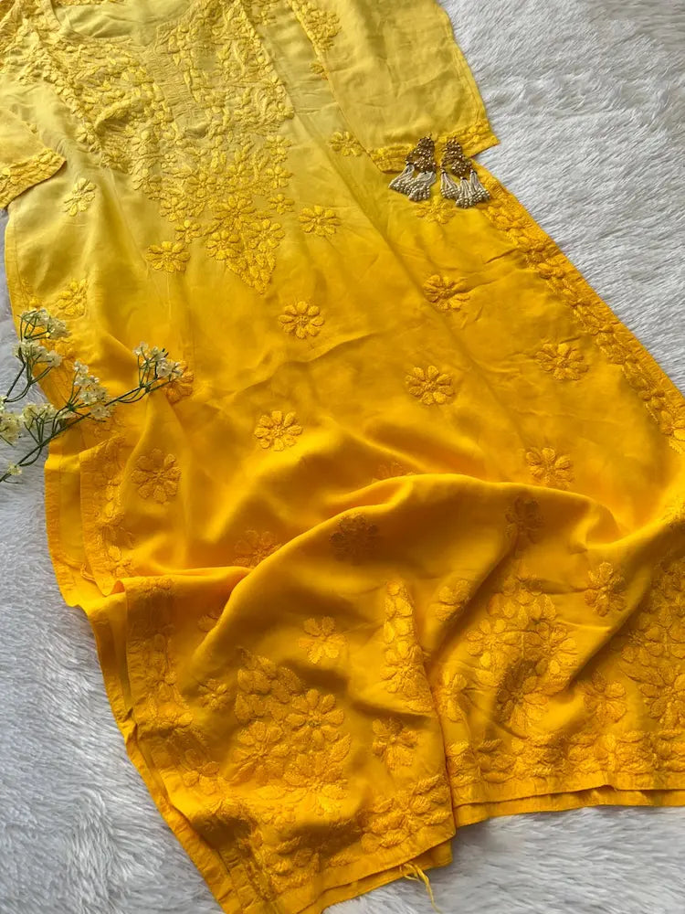 Amara Yellow Ombre Chikankari Modal Kurta