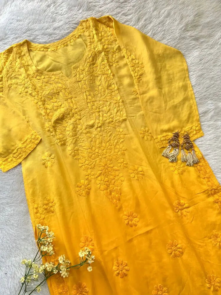 Amara Yellow Ombre Chikankari Modal Kurta