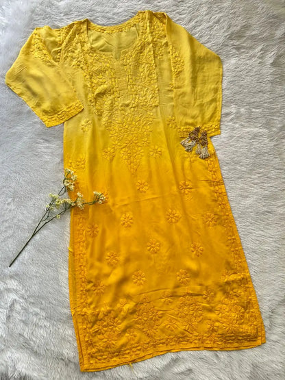 Amara Yellow Ombre Chikankari Modal Kurta
