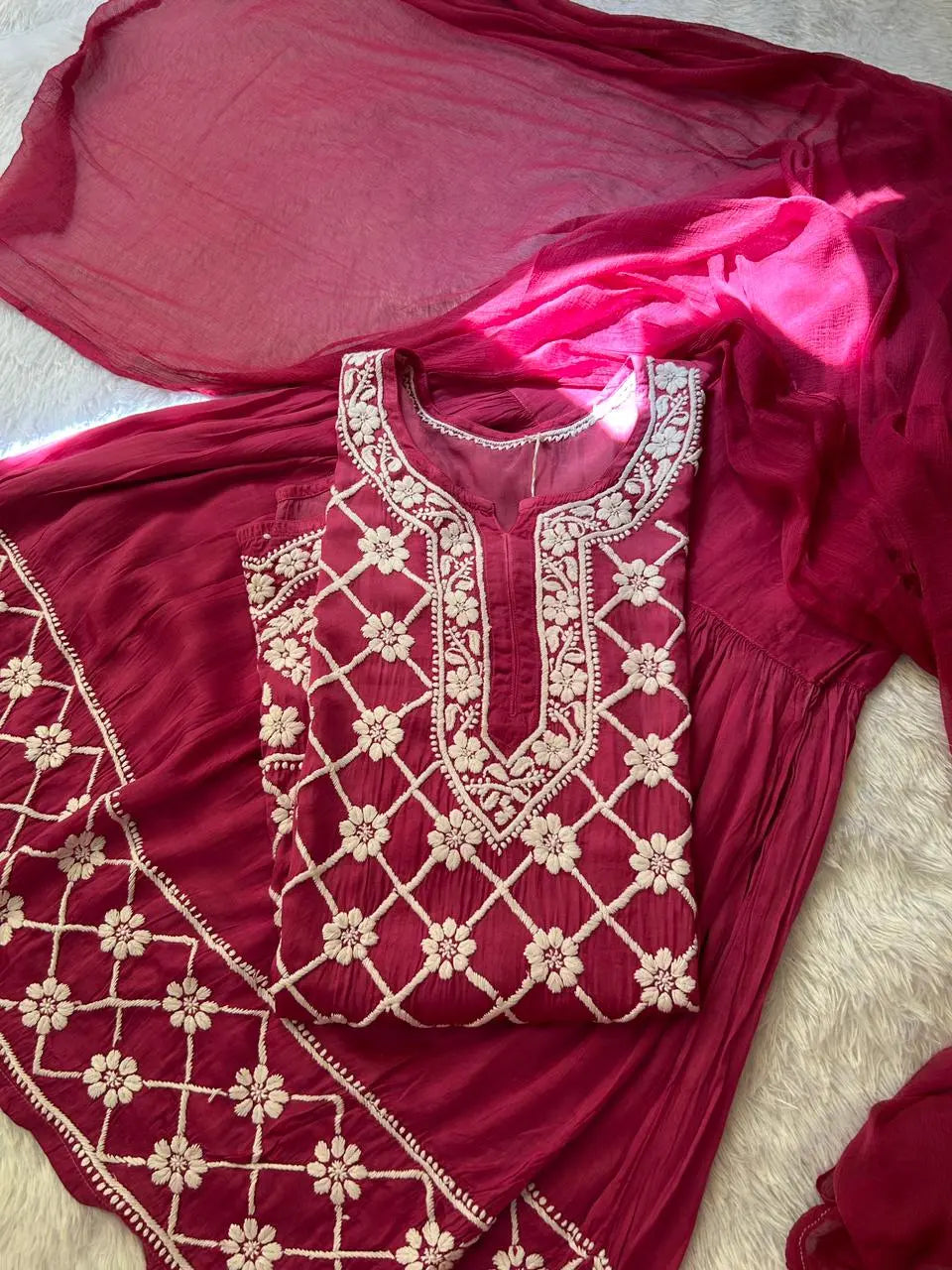 Wine Lucknowi Chikankari Modal Satin Garara Set with Dupatta