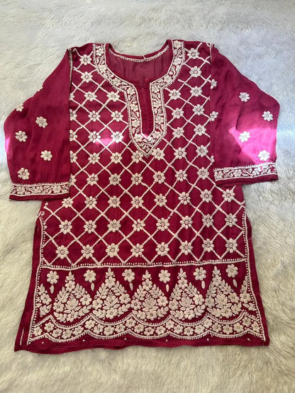 Wine Lucknowi Chikankari Modal Satin Garara Set with Dupatta