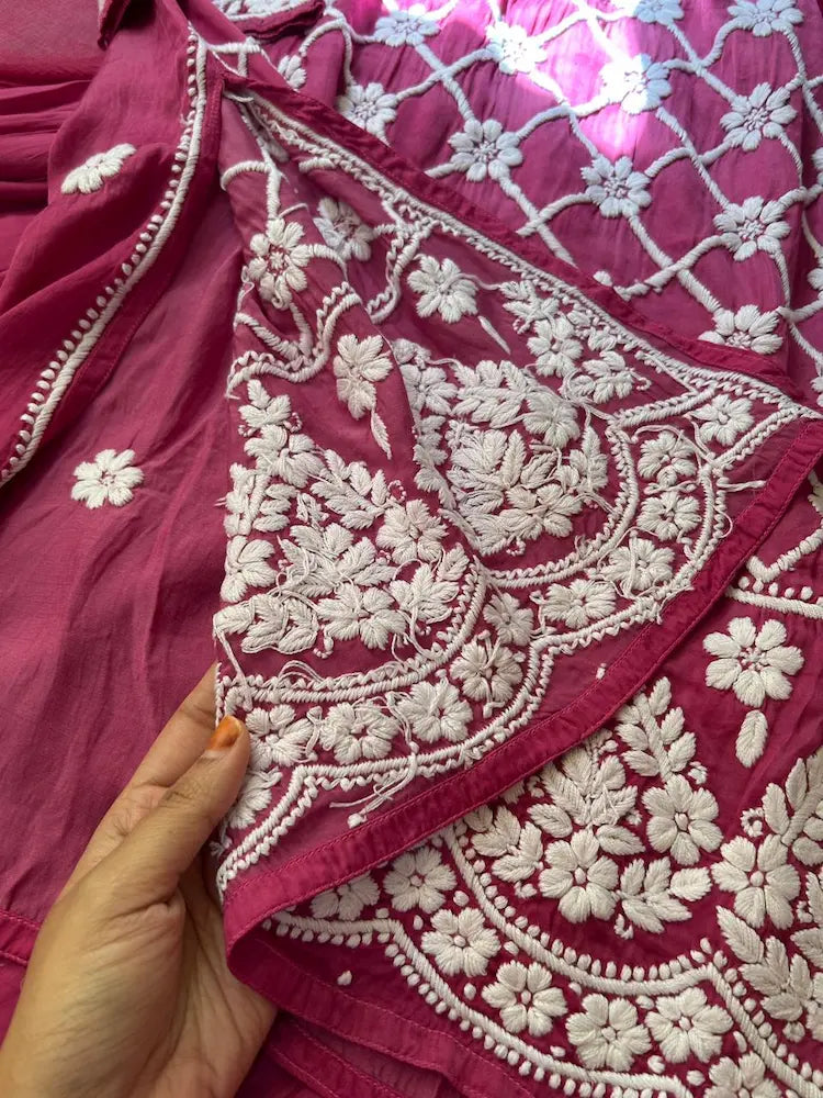 Wine Lucknowi Chikankari Modal Satin Garara Set with Dupatta