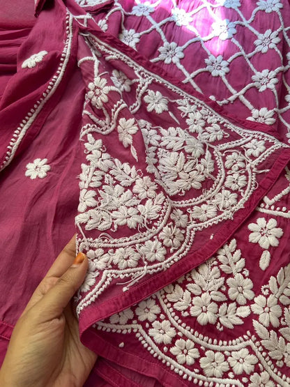 Wine Lucknowi Chikankari Modal Satin Garara Set with Dupatta