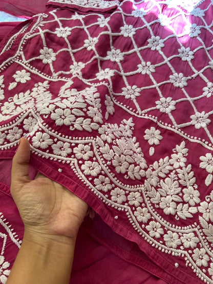 Wine Lucknowi Chikankari Modal Satin Garara Set with Dupatta