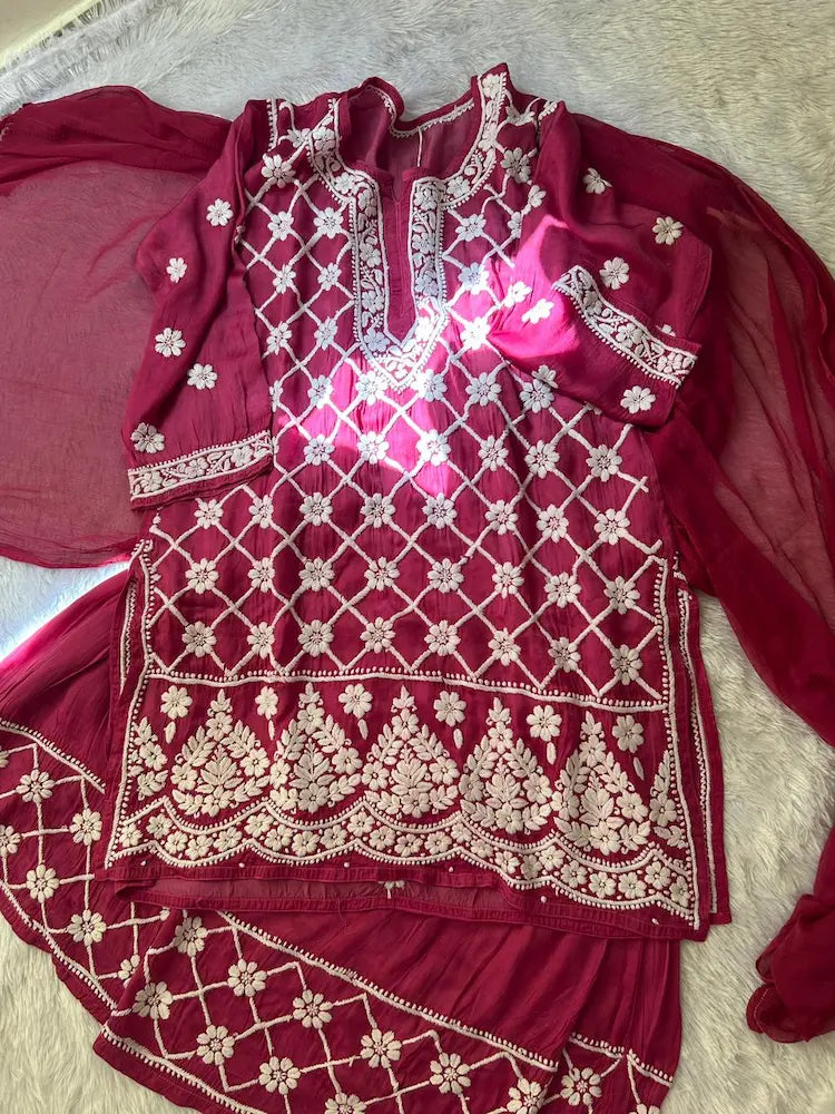 Wine Lucknowi Chikankari Modal Satin Garara Set with Dupatta