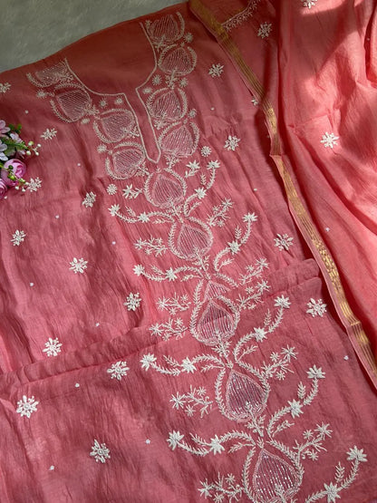 Sia Women's Peach MuL Chanderi Handwork Kurta and Dupatta Unstitched Suit