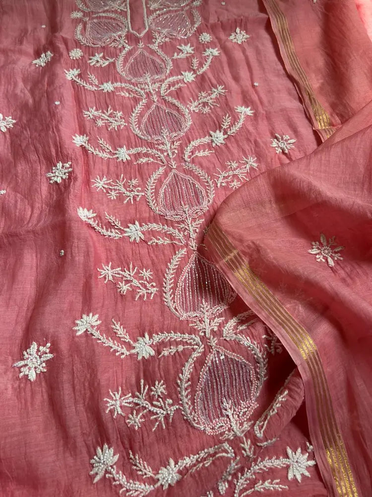 Sia Women's Peach MuL Chanderi Handwork Kurta and Dupatta Unstitched Suit