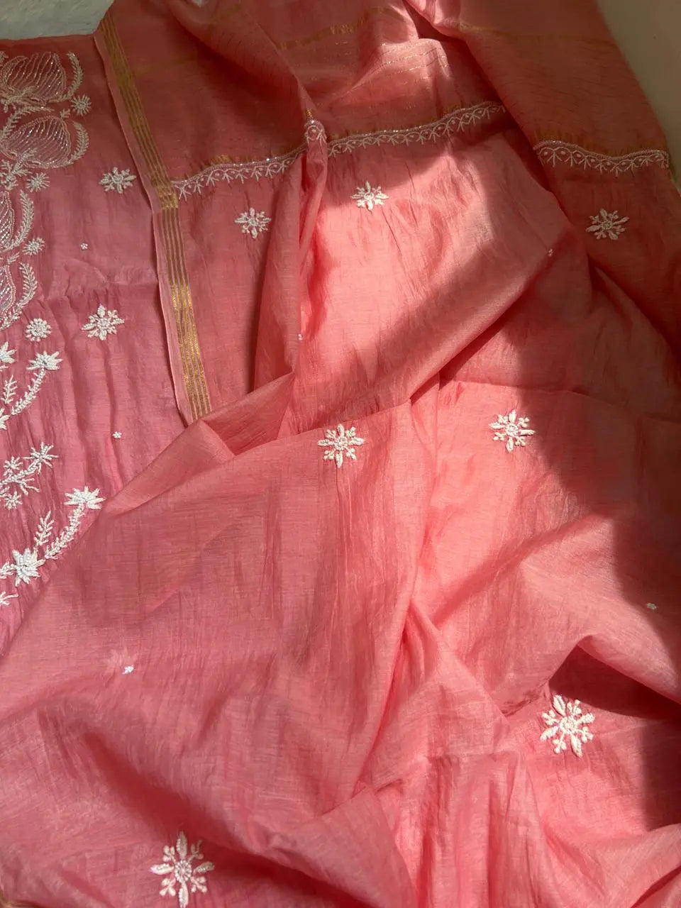 Sia Women's Peach MuL Chanderi Handwork Kurta and Dupatta Unstitched Suit