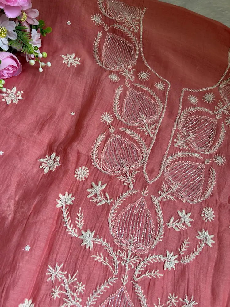 Sia Women's Peach MuL Chanderi Handwork Kurta and Dupatta Unstitched Suit