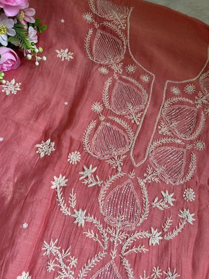 Sia Women's Peach MuL Chanderi Handwork Kurta and Dupatta Unstitched Suit
