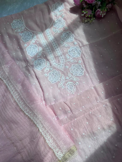 Nasreen Women's Pink MuL Chanderi Handwork Kurta and Dupatta Unstitched Suit