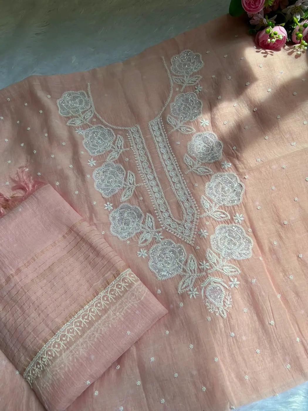 Nasreen Women's Pink MuL Chanderi Handwork Kurta and Dupatta Unstitched Suit