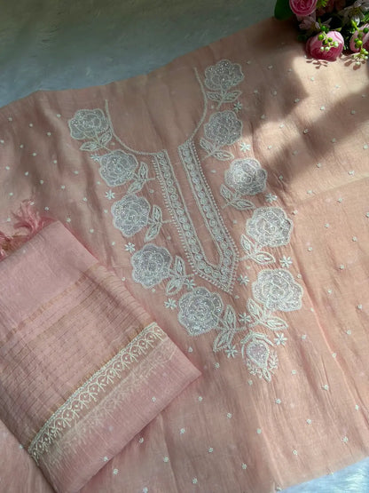 Nasreen Women's Pink MuL Chanderi Handwork Kurta and Dupatta Unstitched Suit