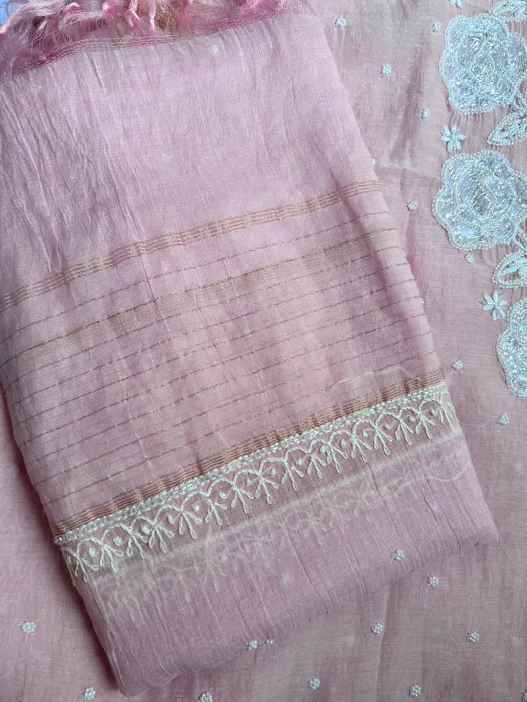 Nasreen Women's Pink MuL Chanderi Handwork Kurta and Dupatta Unstitched Suit