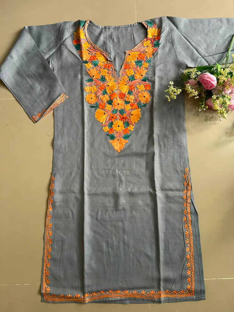 Ash Gray Kashmiri Mid Length Kurta