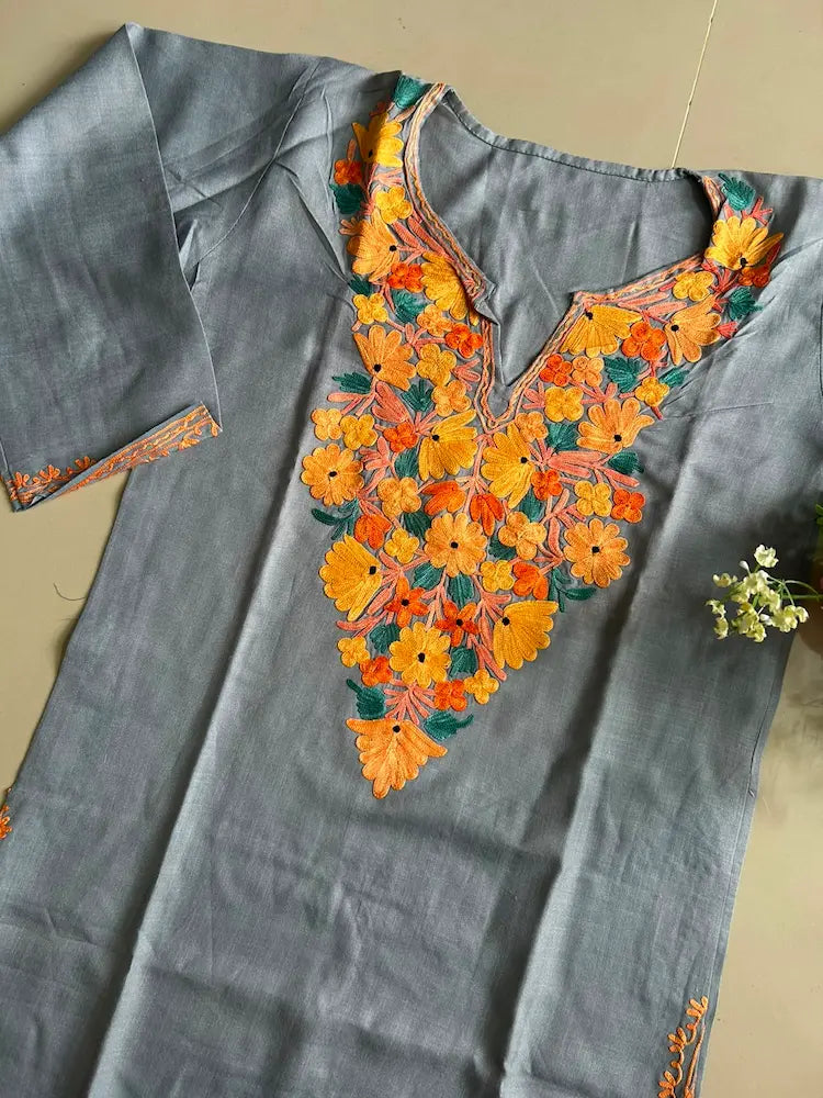Ash Gray Kashmiri Mid Length Kurta