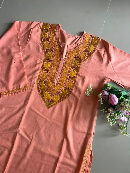 Abeer Peach Kashmiri Long Kurta with Yellow Embroidery