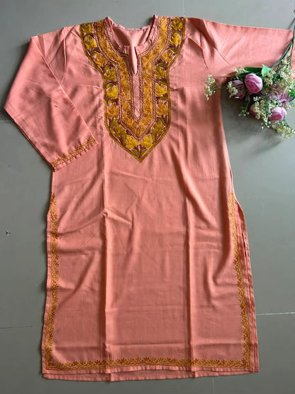 Abeer Peach Kashmiri Long Kurta with Yellow Embroidery