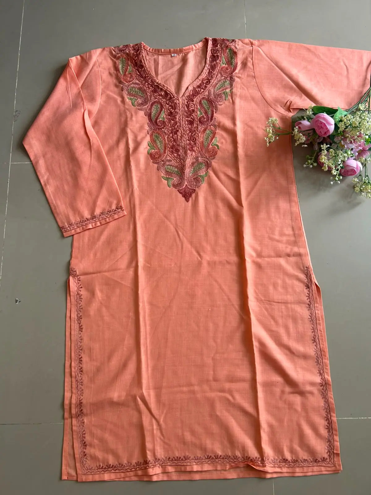 Rida Peach Kashmiri Long Kurta with Green- Brown Embroidery