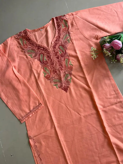 Rida Peach Kashmiri Long Kurta with Green- Brown Embroidery