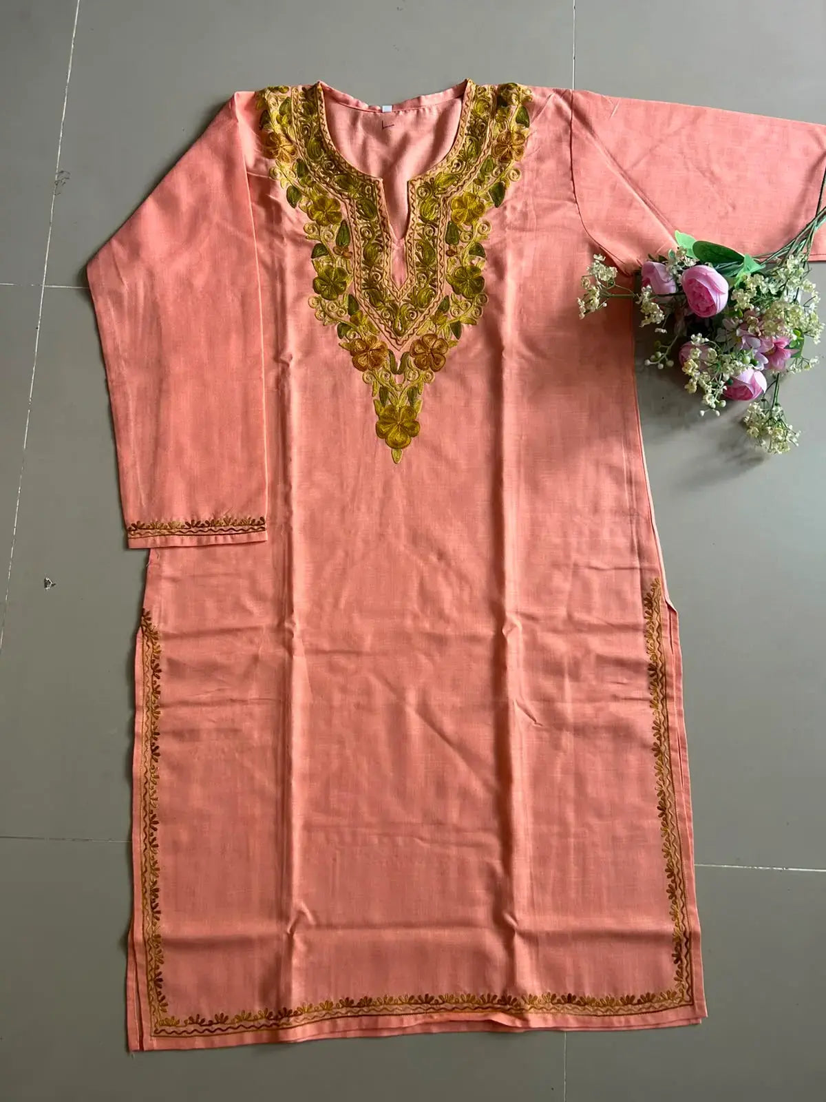 Ruhi Peach Kashmiri Long Kurta with Green Embroidery