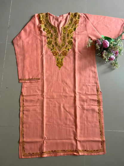 Ruhi Peach Kashmiri Long Kurta with Green Embroidery