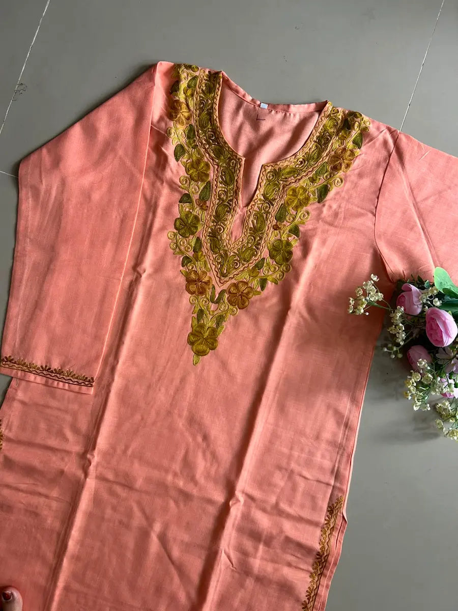 Ruhi Peach Kashmiri Long Kurta with Green Embroidery