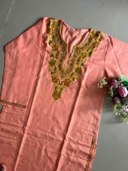 Ruhi Peach Kashmiri Long Kurta with Green Embroidery