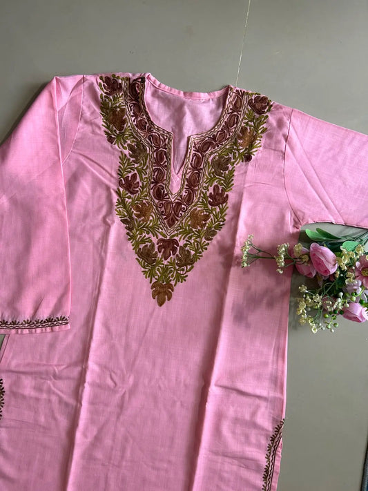 Pink Kashmiri Long Kurta with Chinar Embroidery