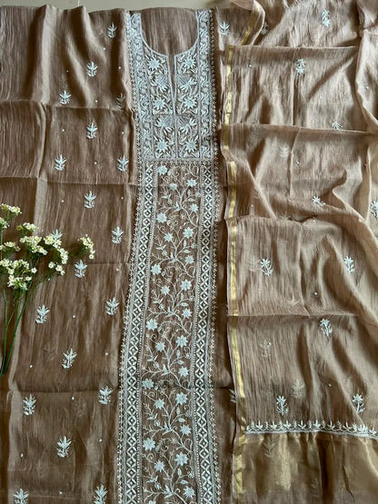 Sonal Women's Taupe Brown MuL Chanderi Handwork Kurta and Dupatta Unstitched Suit