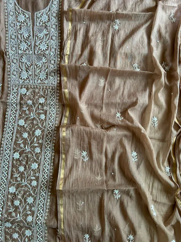 Sonal Women's Taupe Brown MuL Chanderi Handwork Kurta and Dupatta Unstitched Suit