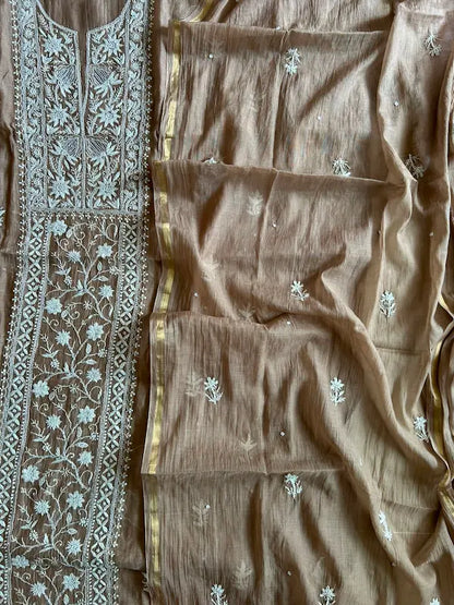 Sonal Women's Taupe Brown MuL Chanderi Handwork Kurta and Dupatta Unstitched Suit
