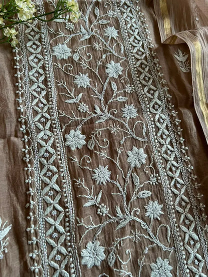 Sonal Women's Taupe Brown MuL Chanderi Handwork Kurta and Dupatta Unstitched Suit